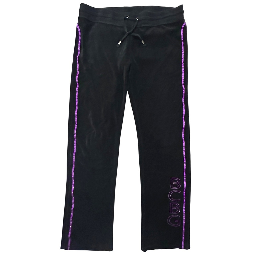 BCBG Max Azria Velour Track Pants Large Black Purple Rhinestone Y2K McBling